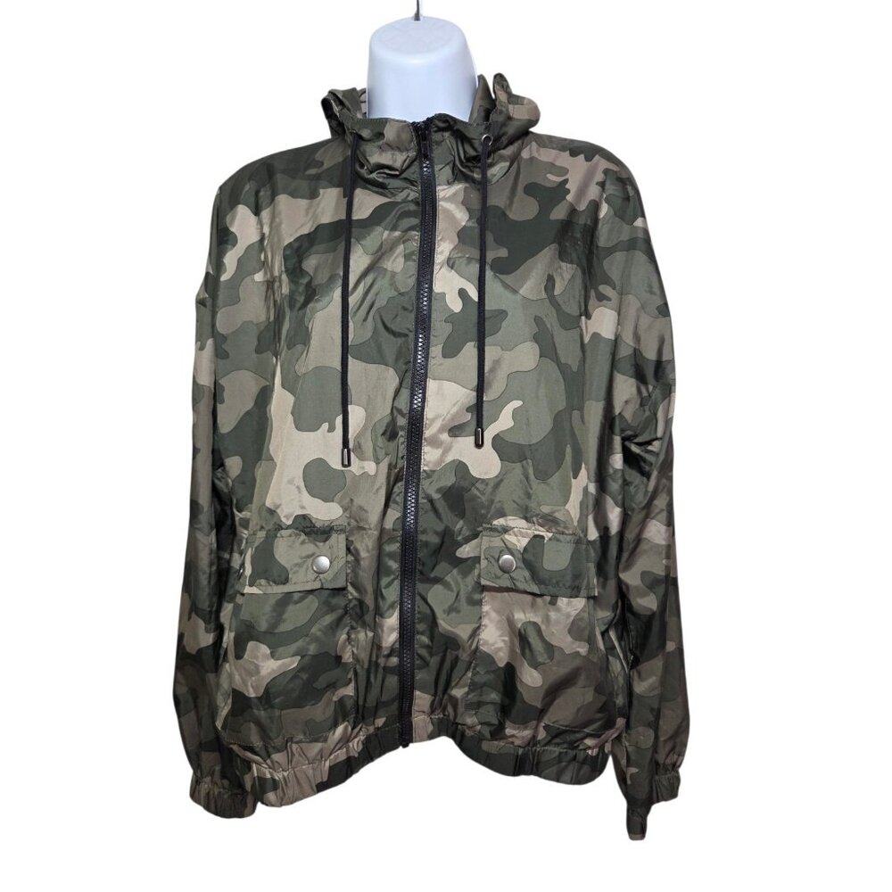 Pink Republic Green Camo Full Zip Hooded Windbreaker Jacket W Pockets M